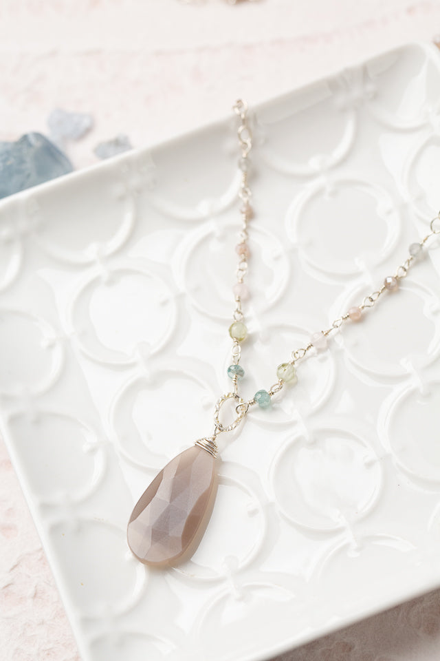 Fae 20-22" Zircon, Aquamarine, Rose Quartz With Chocolate Moonstone Collage Necklace