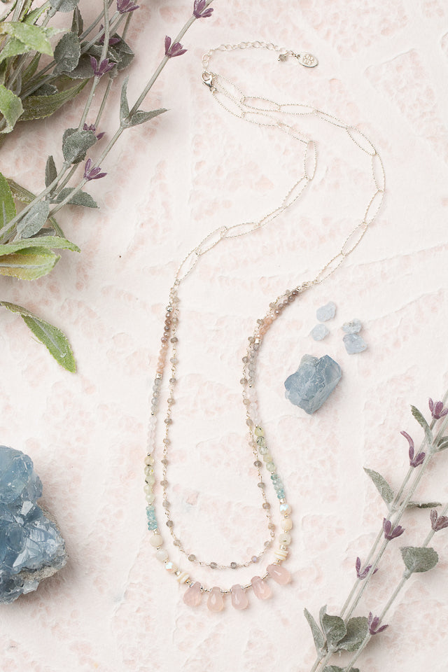 Fae 24-26" Opal, Zircon, Rainbow Moonstone With Rose Quartz Multistrand Necklace