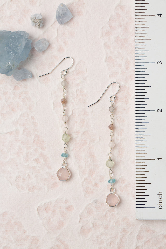 Fae Moonstone, Zircon, Prehnite With Rose Quartz Dangle Earrings