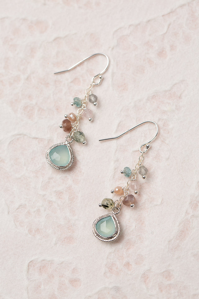 Fae Rose Quartz, Prehnite, Moonstone With Aquamarine Cluster Earrings