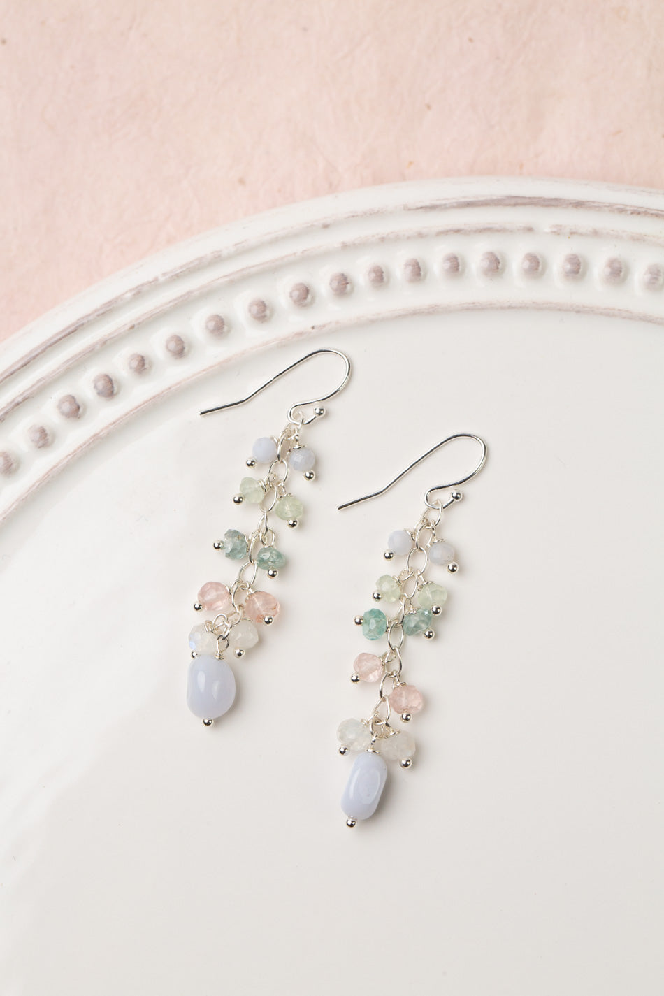 Fae Rose Quartz, Blue Apatite, Prehnite With Blue Lace Chalcedony Cluster Earrings