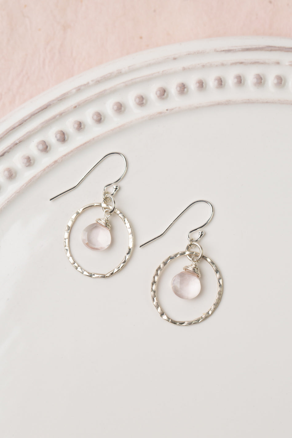 Fae Faceted Rose Quartz Briolette With Hammered Sterling Silver Hoop Earrings