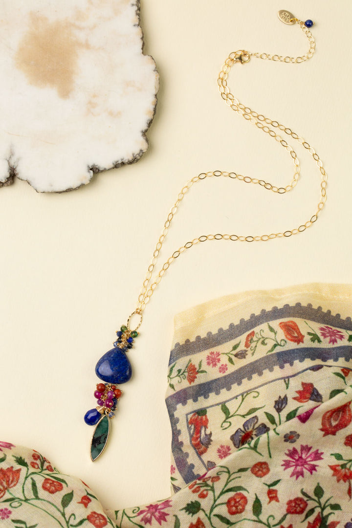 Forget Me Not 18.5-20.5" Lapis Lazuli Pendant With Cluster Of Fuchsia Jade, Red Jasper, And Emerald Cluster Necklace