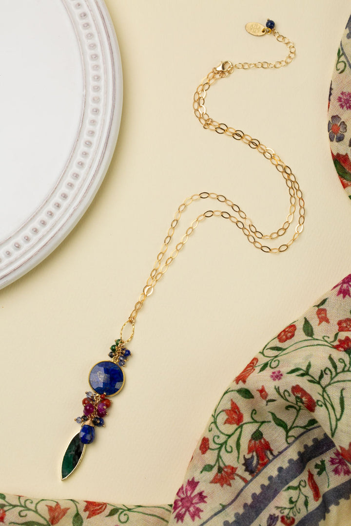 Forget Me Not 18.5-20.5" Lapis Lazuli Pendant With Cluster Of Fuchsia Jade, Red Jasper, And Emerald Cluster Necklace