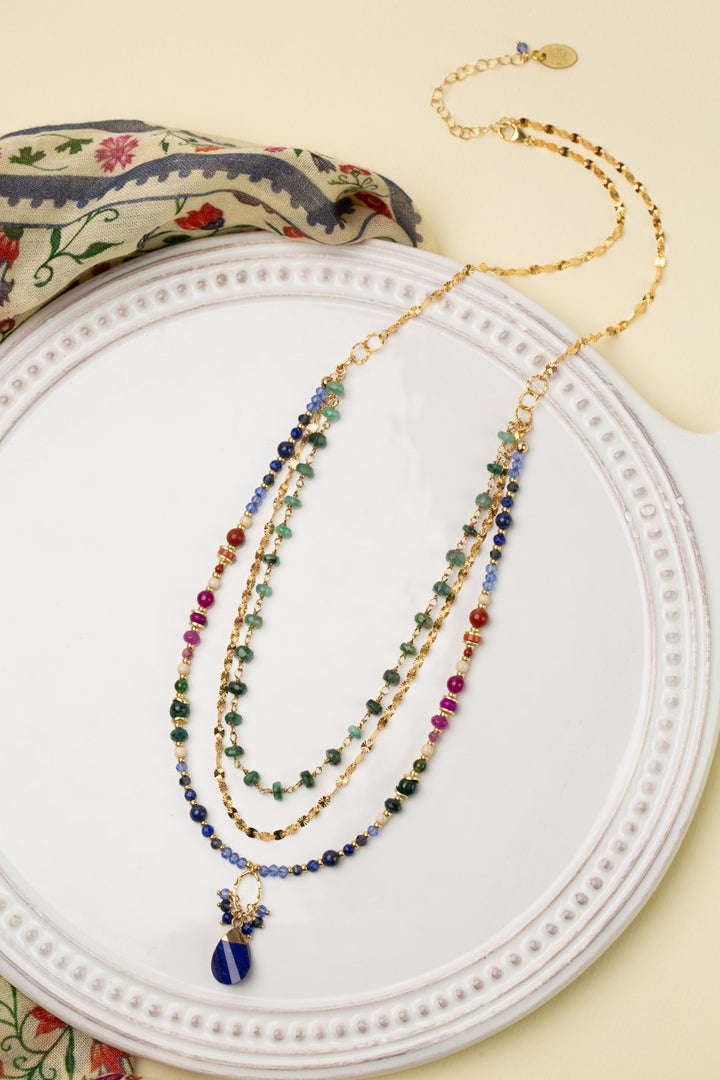 Forget Me Not 19.5-21.5" Emerald, Fuchsia Jade, Red Jasper With Twisted Lapis Lazuli Pendant Multistrand Necklace