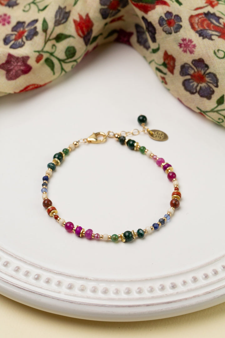 Forget Me Not 7.5-8.5" Red Jasper, Fuchsia Jade, And Lapis Lazuli Collage Bracelet