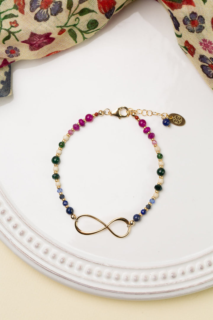 Forget Me Not 7.5-8.5" Red Jasper, Fuschia Jade, Lapis Lazuli With 14K Gold Infinity Symbol Collage Bracelet