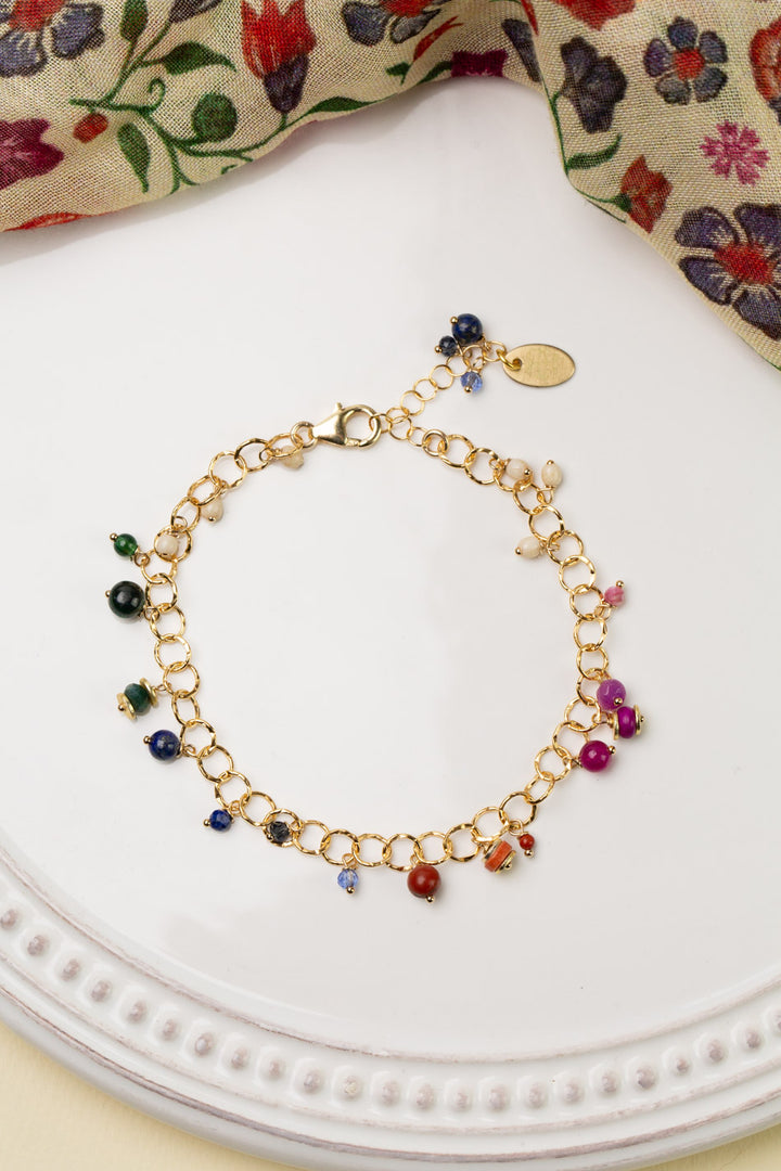 Forget Me Not 7.5-8.5" Red Jasper, Fuchsia Jade, Lapis Lazuli Simple Bracelet