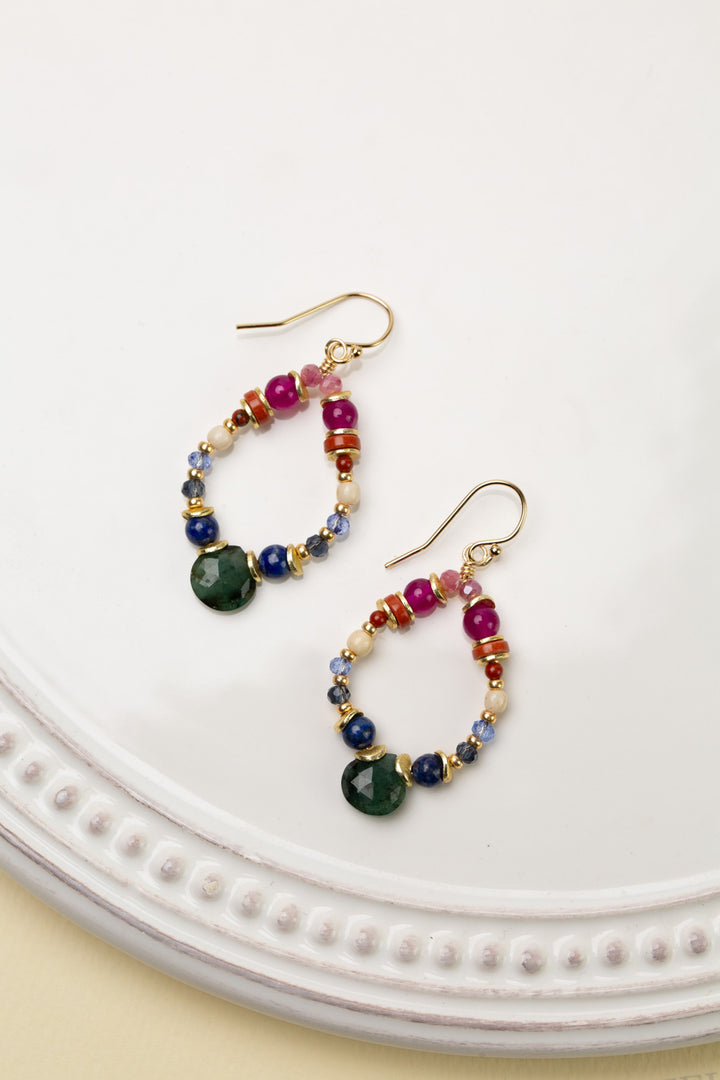 Forget Me Not Fuchsia Jade, Red Jasper, Lapis Lazuli With Faceted Emerald Briolette Hoop Earrings