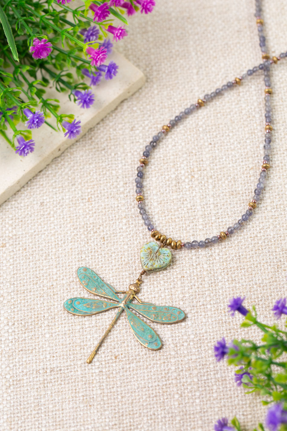 Folklore 16.5-18.5" Czech Glass, Tanzanite with Dragonfly Statement Necklace