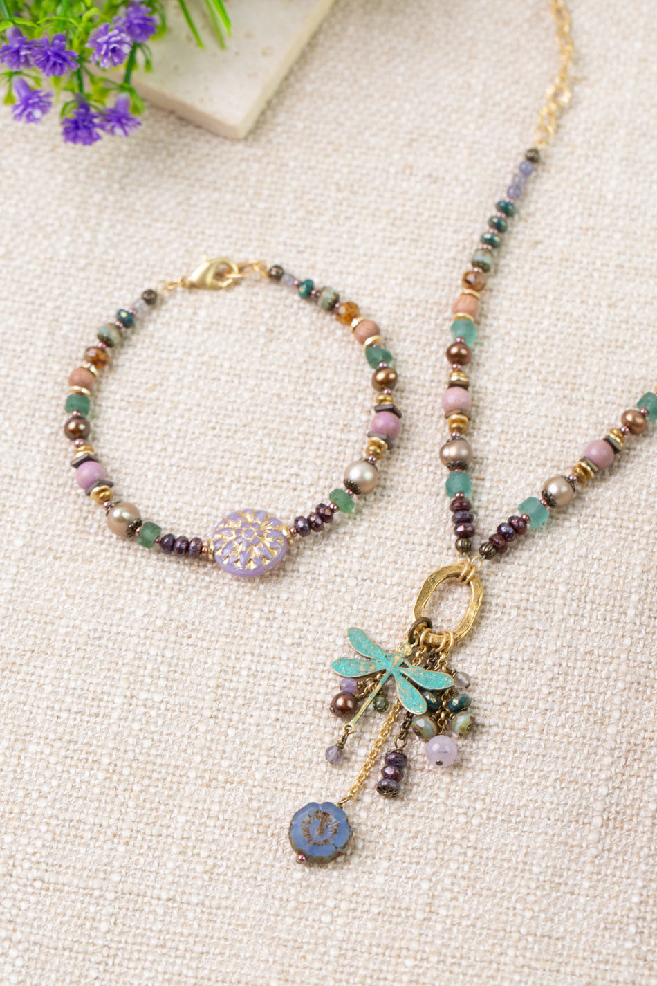 Folklore 19.25 or 27" Tanzanite, Czech Glass, Freshwater Pearl Collage Necklace