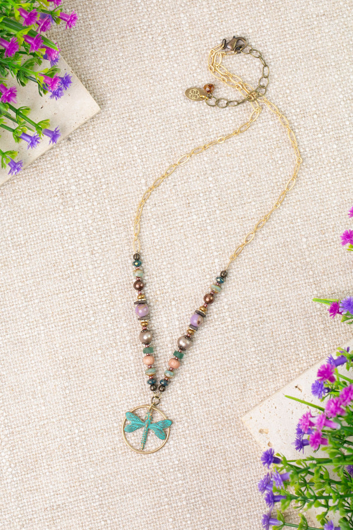 Folklore 17-19" Phosphorite, Czech Glass, Freshwater Pearl Dragonfly Collage Necklace