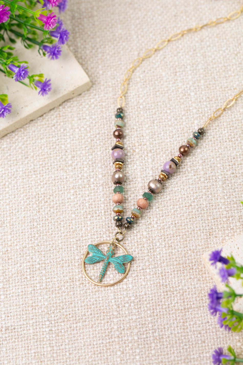 Folklore 17-19" Phosphorite, Czech Glass, Freshwater Pearl Dragonfly Collage Necklace