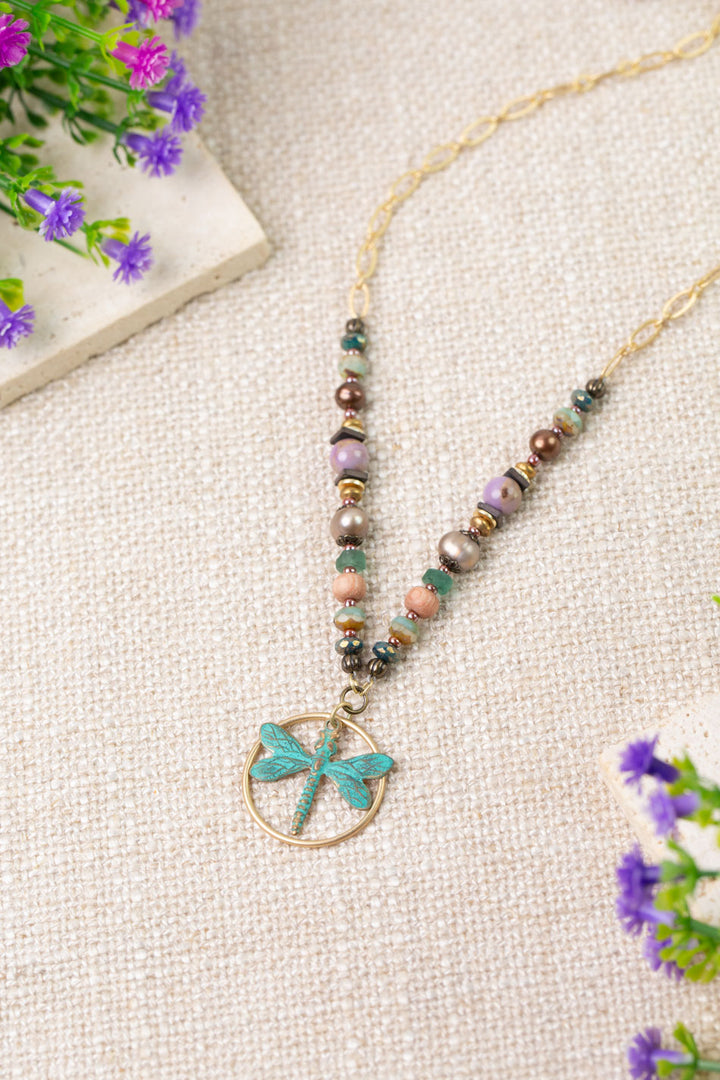 Folklore 17-19" Phosphorite, Czech Glass, Freshwater Pearl Dragonfly Collage Necklace