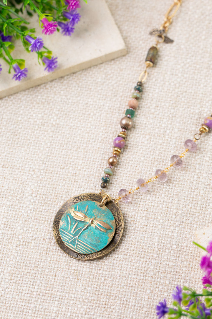 Folklore 25-27" Amethyst, Tanzanite, Freshwater Pearl Dragonfly Statement Necklace