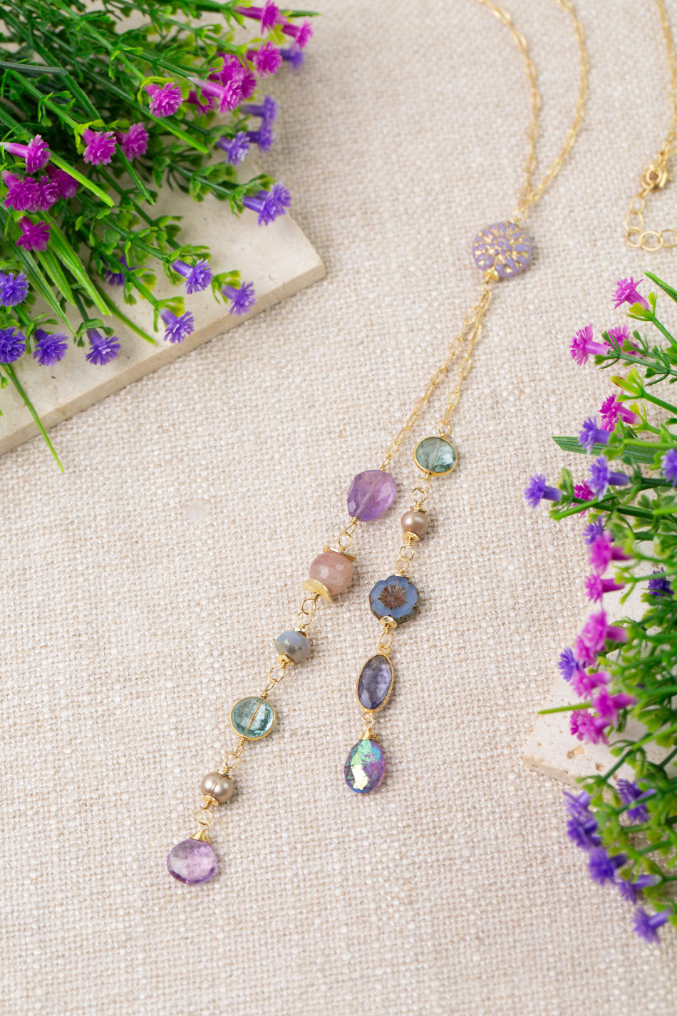 Folklore 21.5-23.5" Czech Glass, Amethyst, Iolite Tassel Necklace