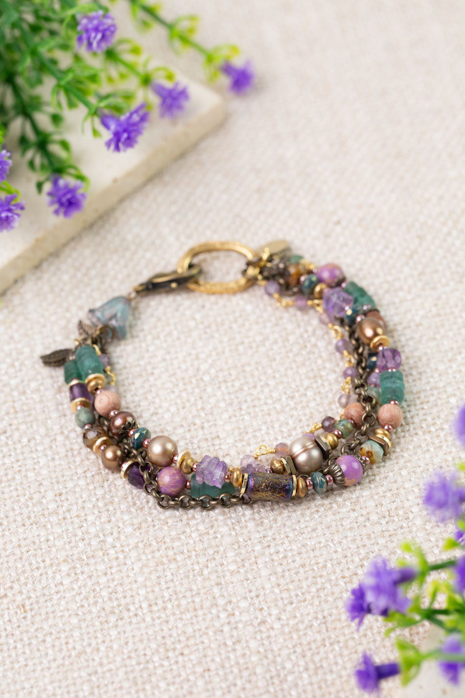 Folklore 7.5" Freshwater Pearls, Amethyst, Phosphorite Multistrand Bracelet