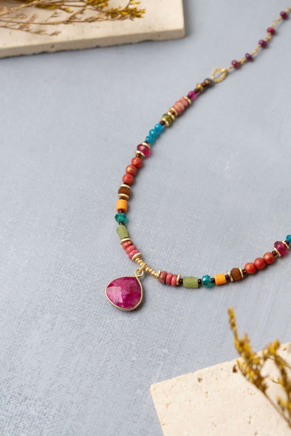 Farmers Market 17.5-19.5" Apatite, Ruby, Czech Glass with Dyed Jade Statement Necklace