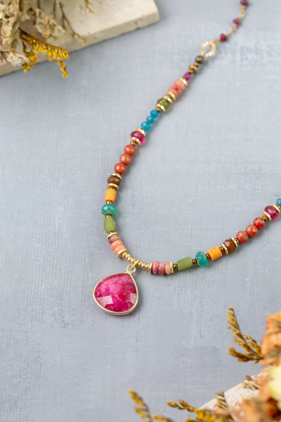 Farmers Market 17.5-19.5" Apatite, Ruby, Czech Glass with Dyed Jade Statement Necklace