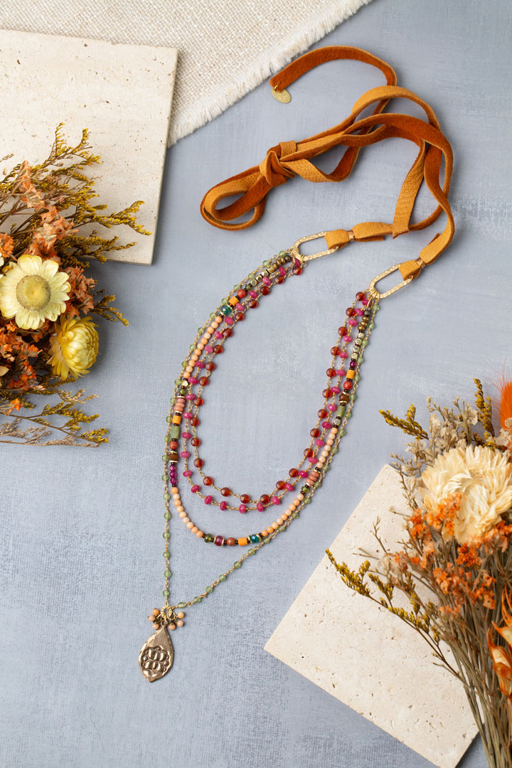 Farmers Market Adjustable Peridot, Coral, Dyed Jade Multistrand Necklace