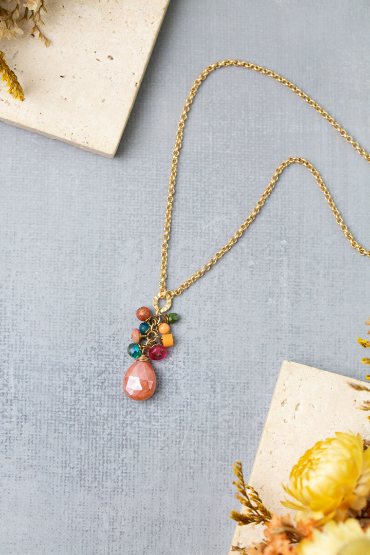Farmers Market 15-17" Coral, Sunstone, Czech Glass Cluster Necklace