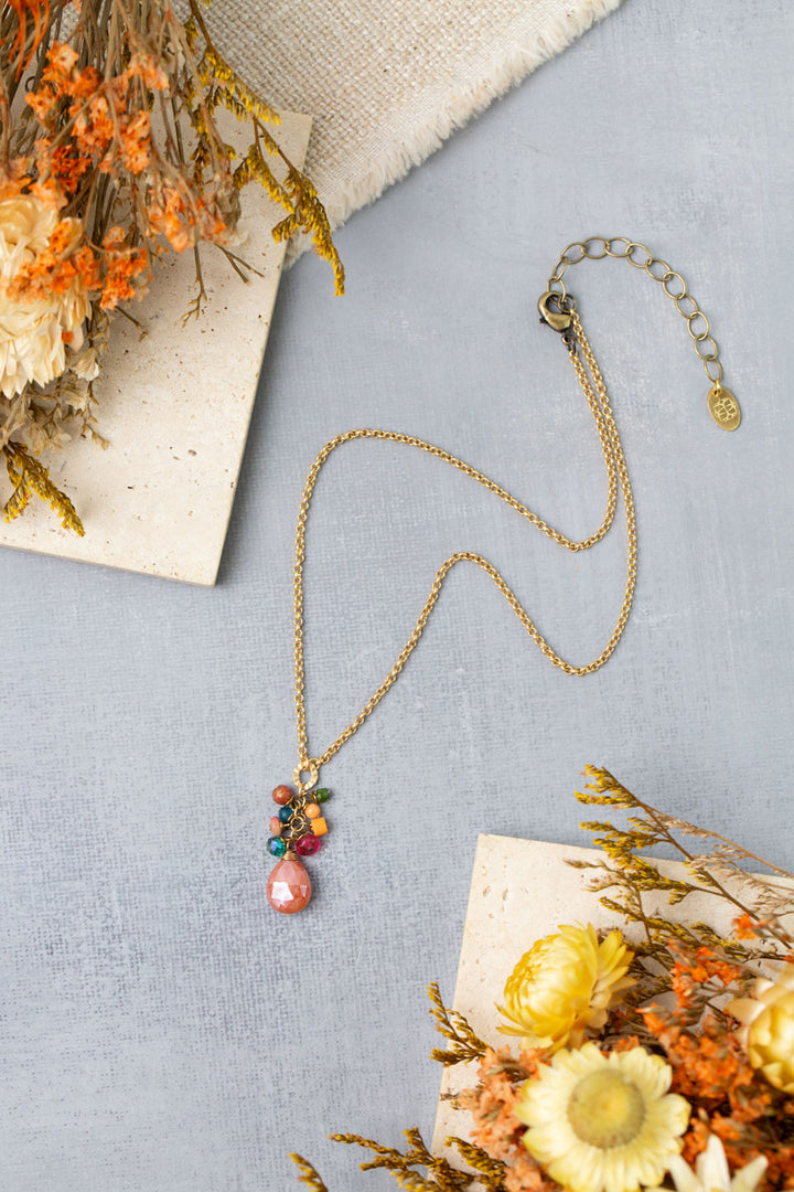 Farmers Market 15-17" Coral, Sunstone, Czech Glass Cluster Necklace