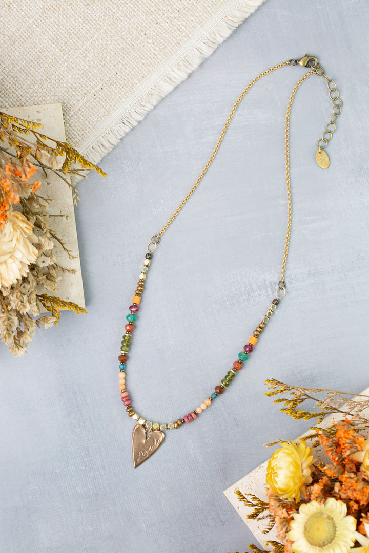 Farmers Market 17.5-19.5" Coral, Gossular Garnet, Czech Glass with Bronze Heart Statement Necklace