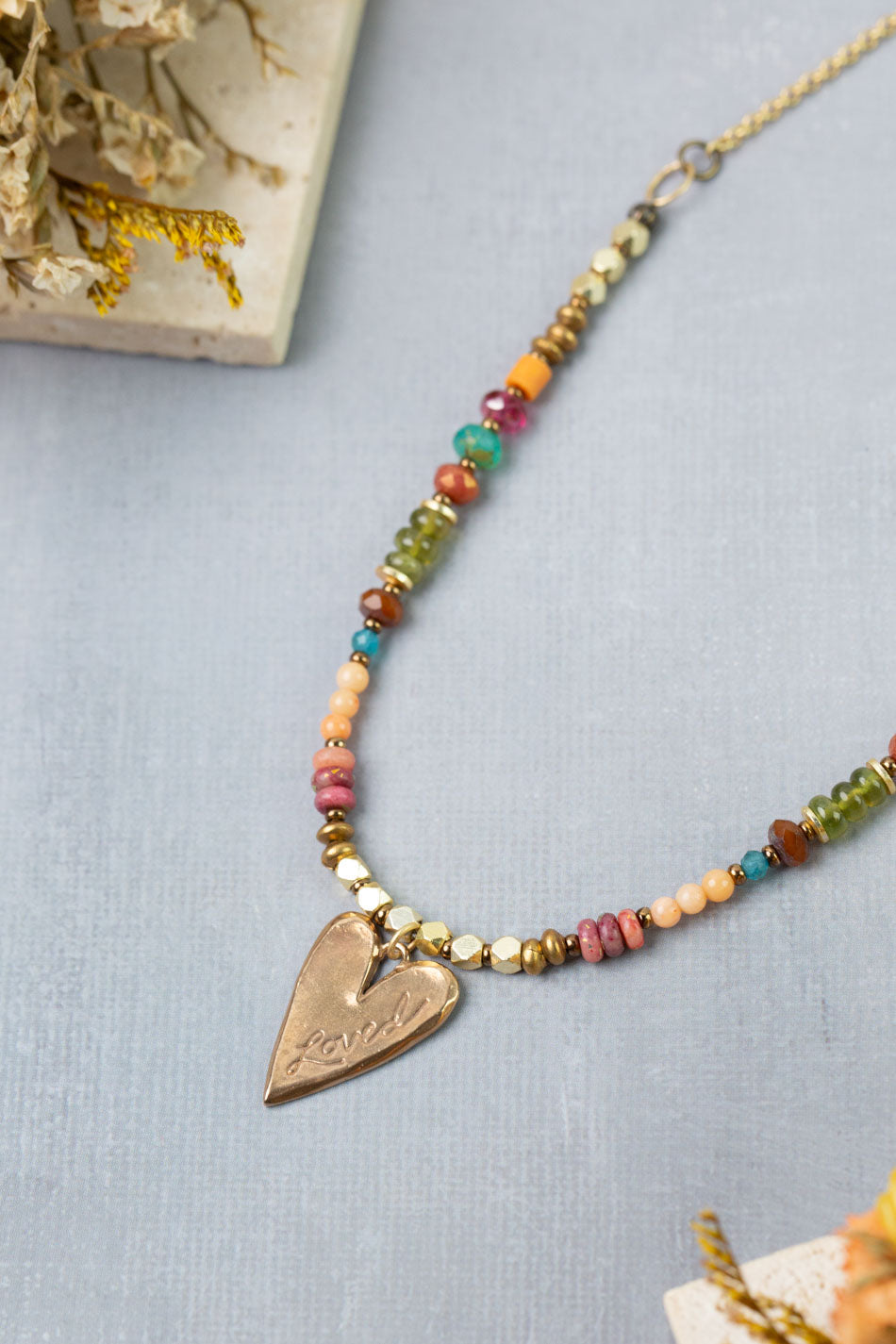 Farmers Market 17.5-19.5" Coral, Gossular Garnet, Czech Glass with Bronze Heart Statement Necklace