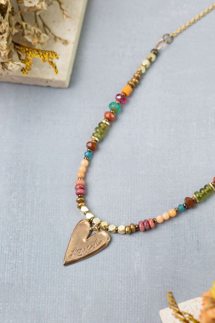 Farmers Market 17.5-19.5" Coral, Gossular Garnet, Czech Glass with Bronze Heart Statement Necklace