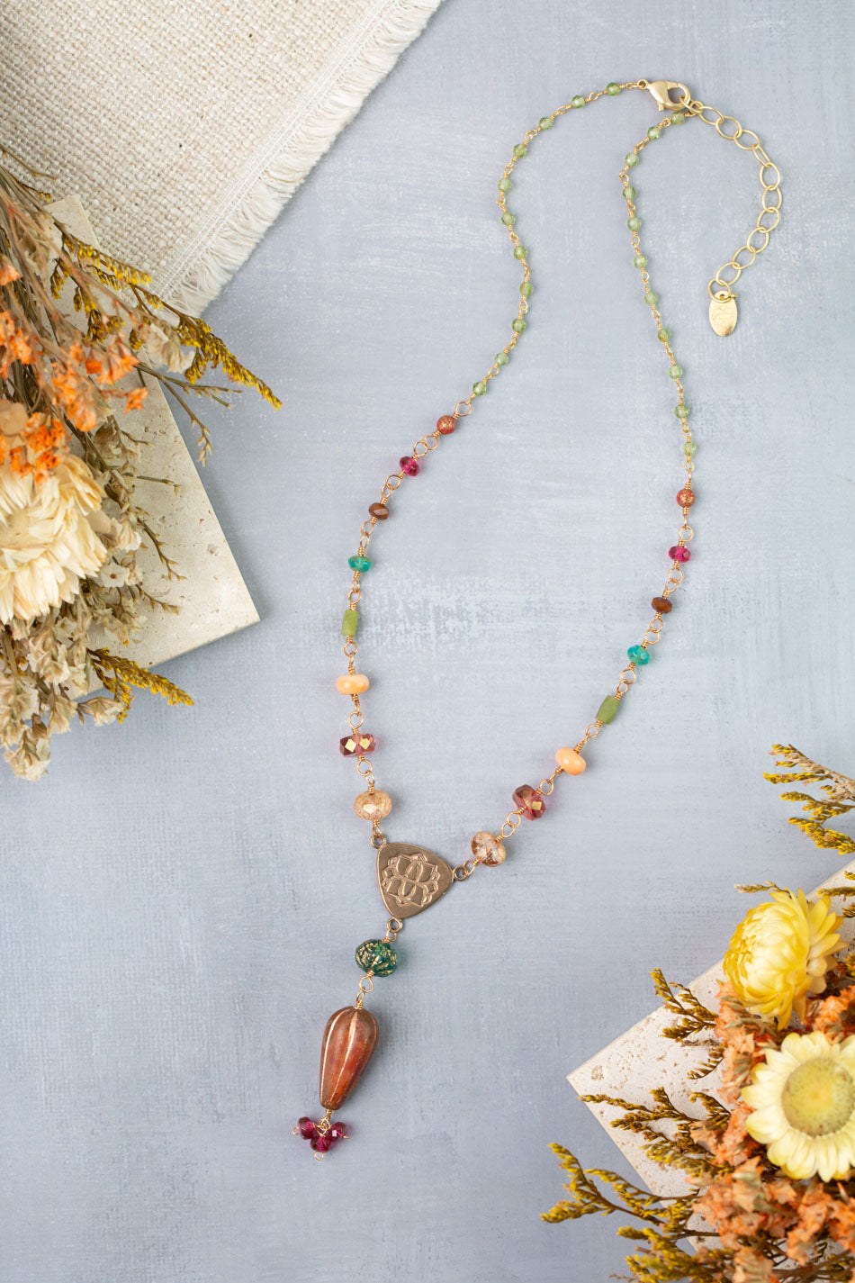 Farmers Market 17-19" Coral, Peridot, Czech Glass Statement Necklace