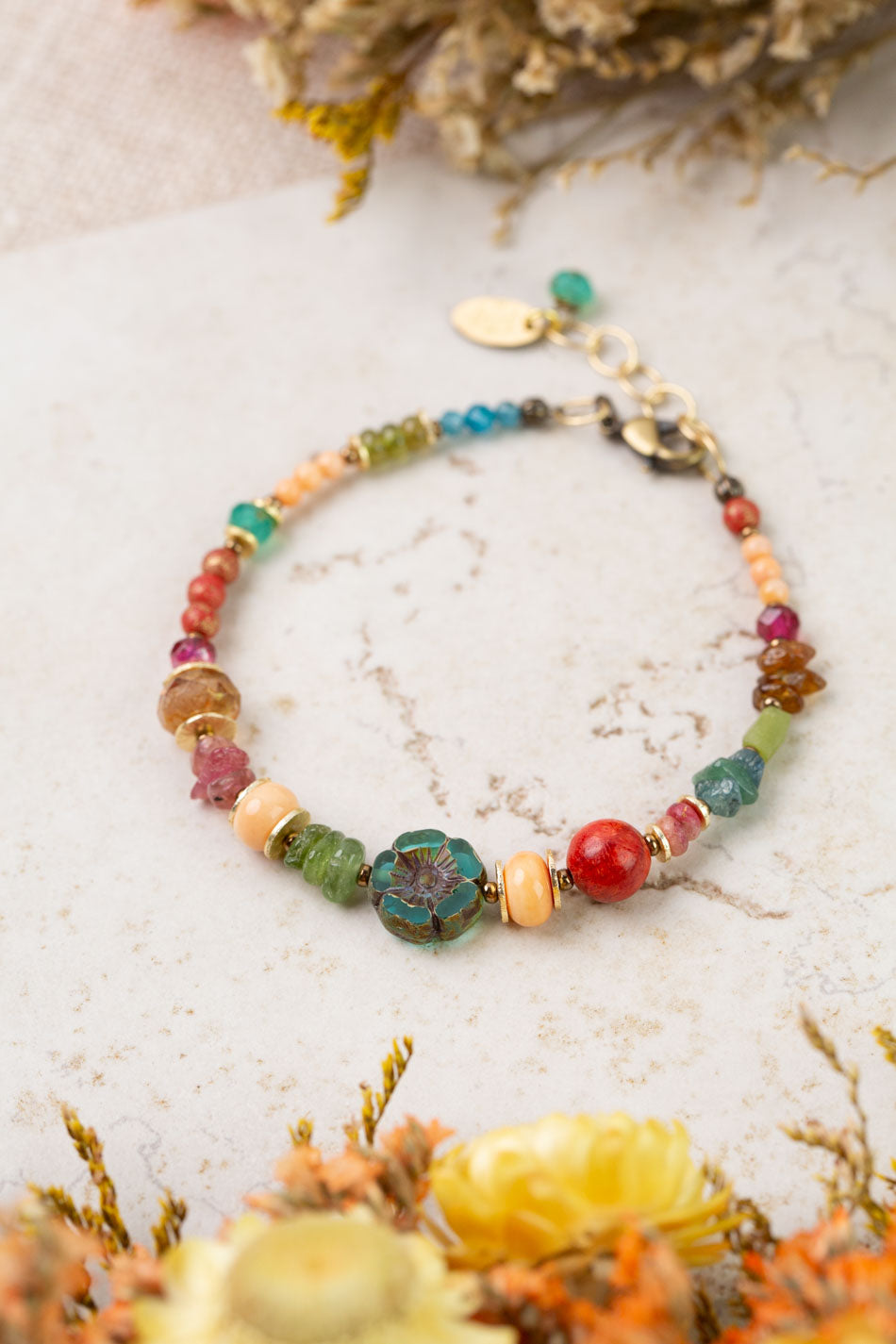 Farmers Market 7.5-8.5" Coral, Tourmaline, Czech Glass Simple Bracelet