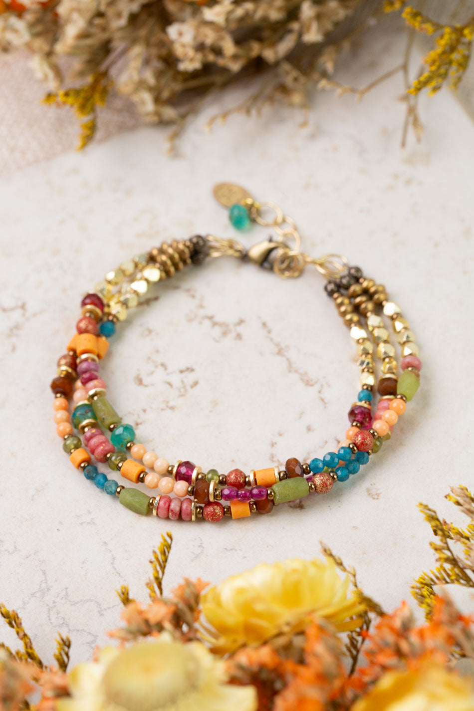 Farmers Market 7.5-8.5" Czech Glass, Coral, Apatite Multistrand Bracelet