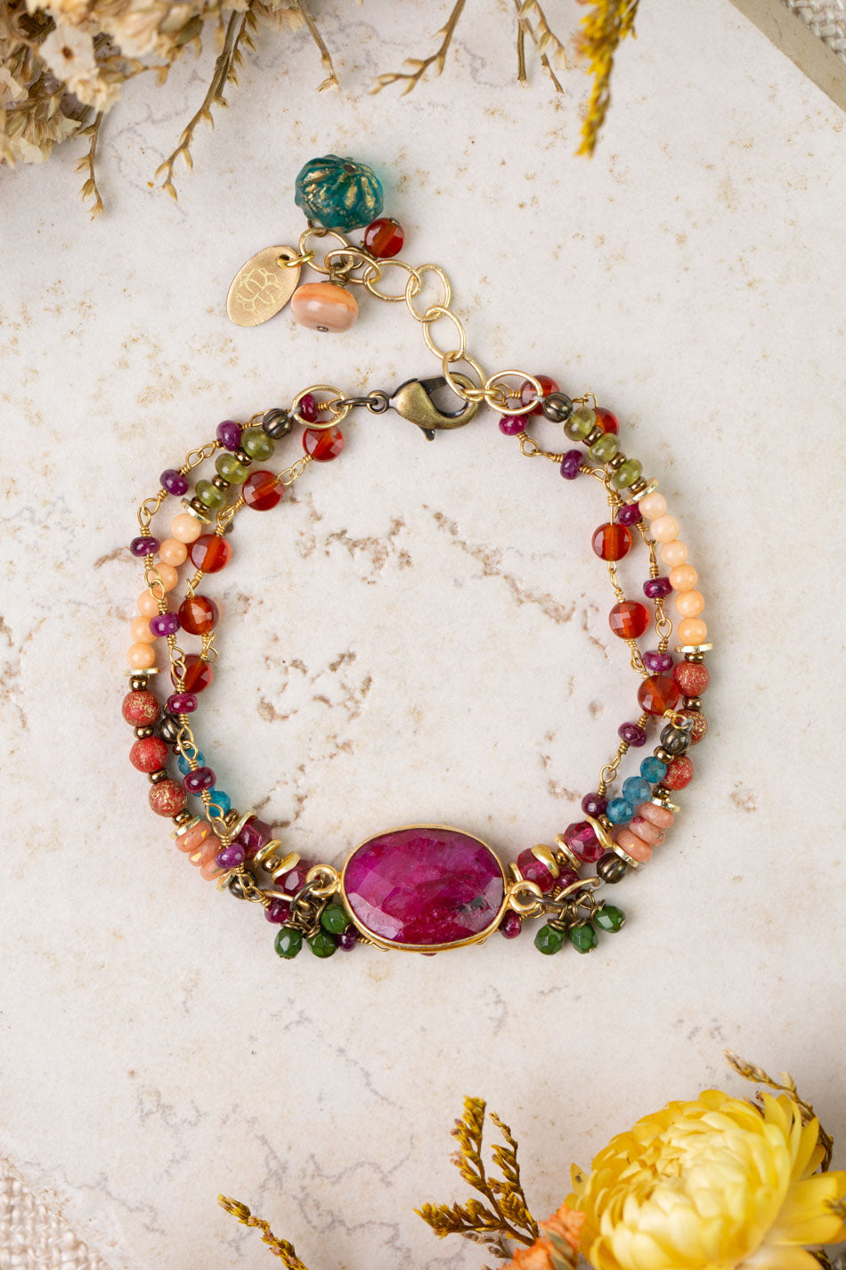 Farmers Market 7.5-8.5" Czech Glass, Coral, Apatite with Dyed Jade Multistrand Bracelet