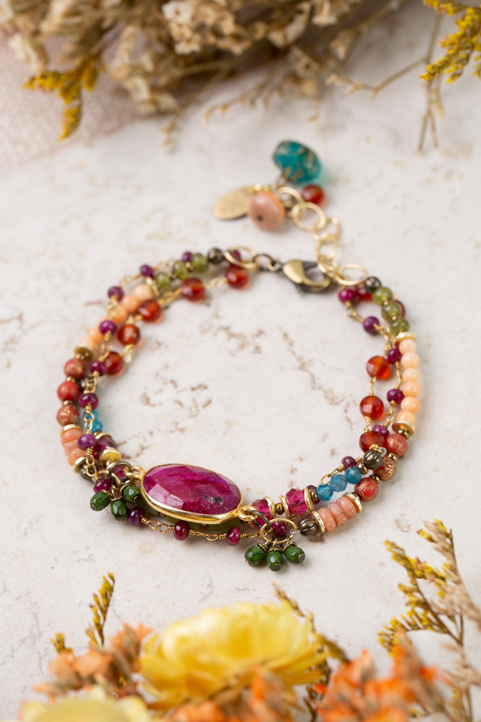 Farmers Market 7.5-8.5" Czech Glass, Coral, Apatite with Dyed Jade Multistrand Bracelet