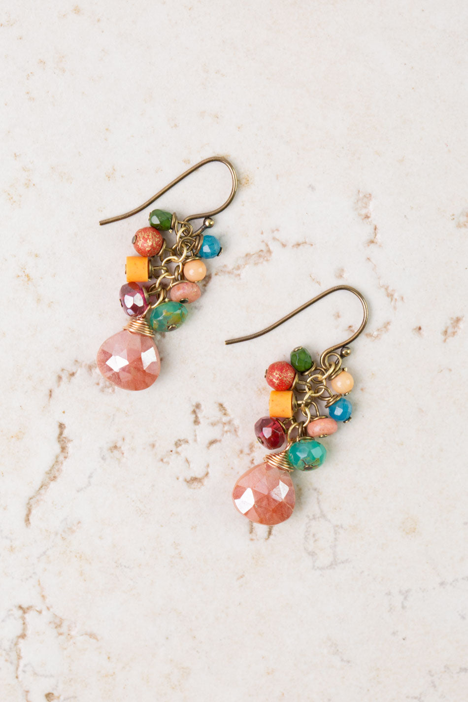 Farmers Market Coral, Sunstone, Czech Glass Cluster Earrings
