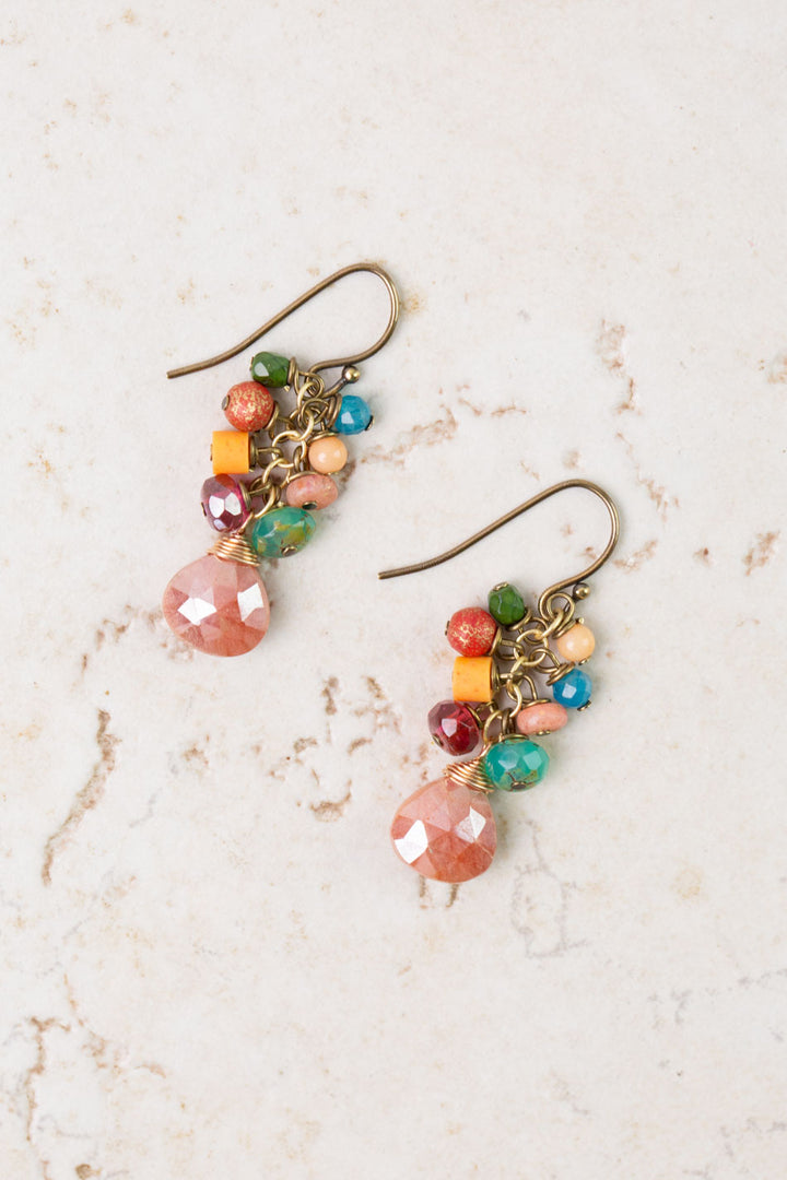Farmers Market Coral, Sunstone, Czech Glass Cluster Earrings