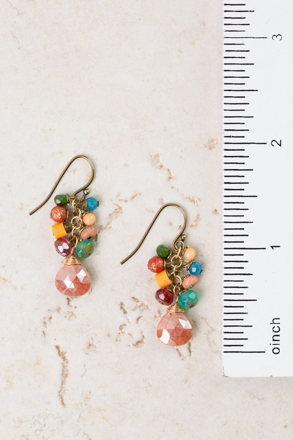 Farmers Market Coral, Sunstone, Czech Glass Cluster Earrings