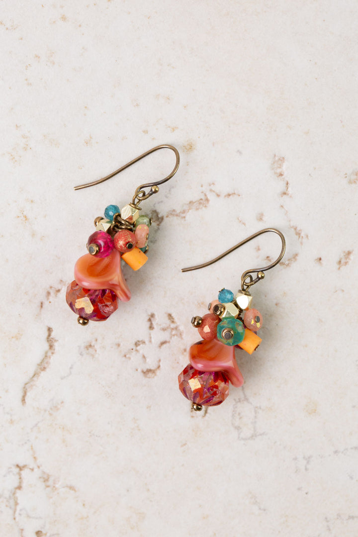 Farmers Market Coral, Czech Glass, Apatite Cluster Earrings