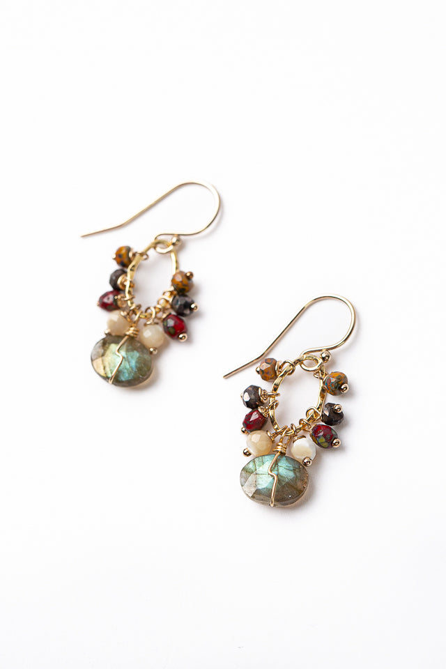 Fireside Mother Of Pearl, Pyrite With Labradorite Cluster Earrings