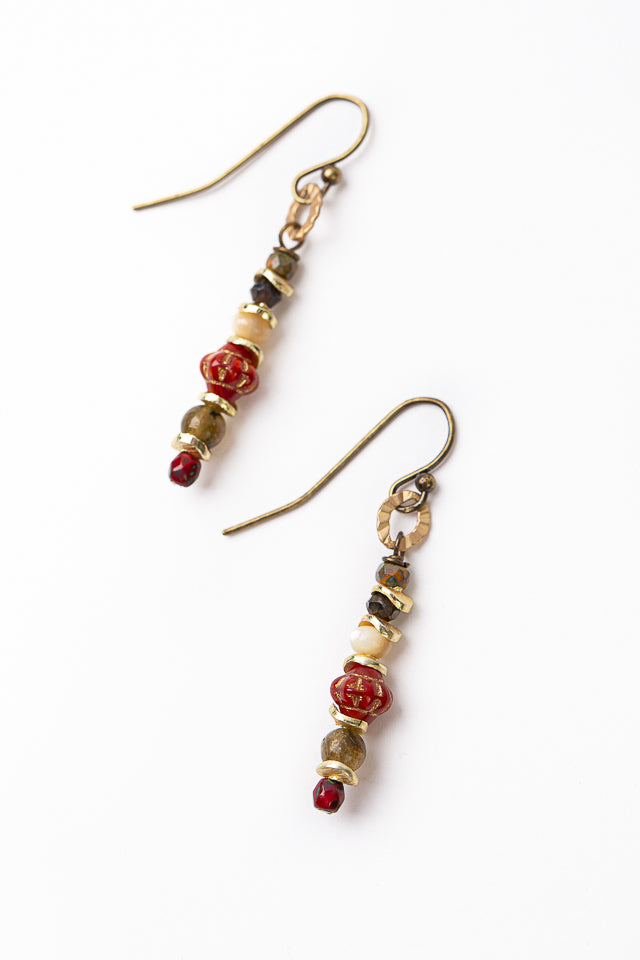 Fireside Mother Of Pearl, Pyrite With Czech Glass Simple Earrings