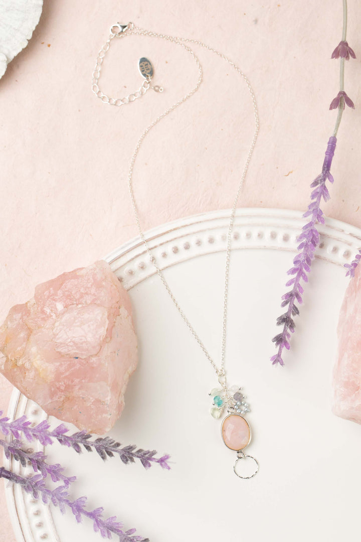 Fae 16-18" Faceted Teardrop Shape Rose Quartz With Blue Apatite, Iolite, Freshwater Pearl, And Prehnite Cluster Necklace