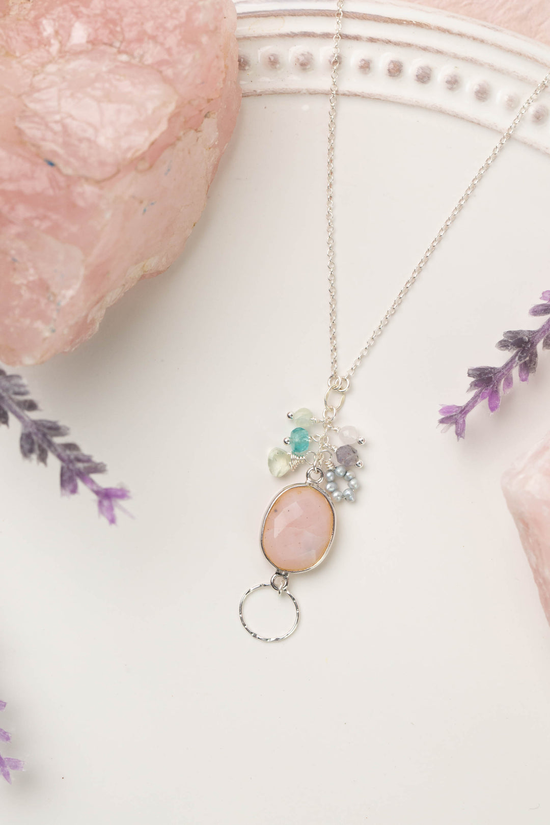 Fae 16-18" Faceted Teardrop Shape Rose Quartz With Blue Apatite, Iolite, Freshwater Pearl, And Prehnite Cluster Necklace