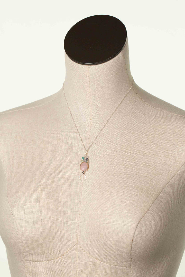 Fae 16-18" Faceted Teardrop Shape Rose Quartz With Blue Apatite, Iolite, Freshwater Pearl, And Prehnite Cluster Necklace