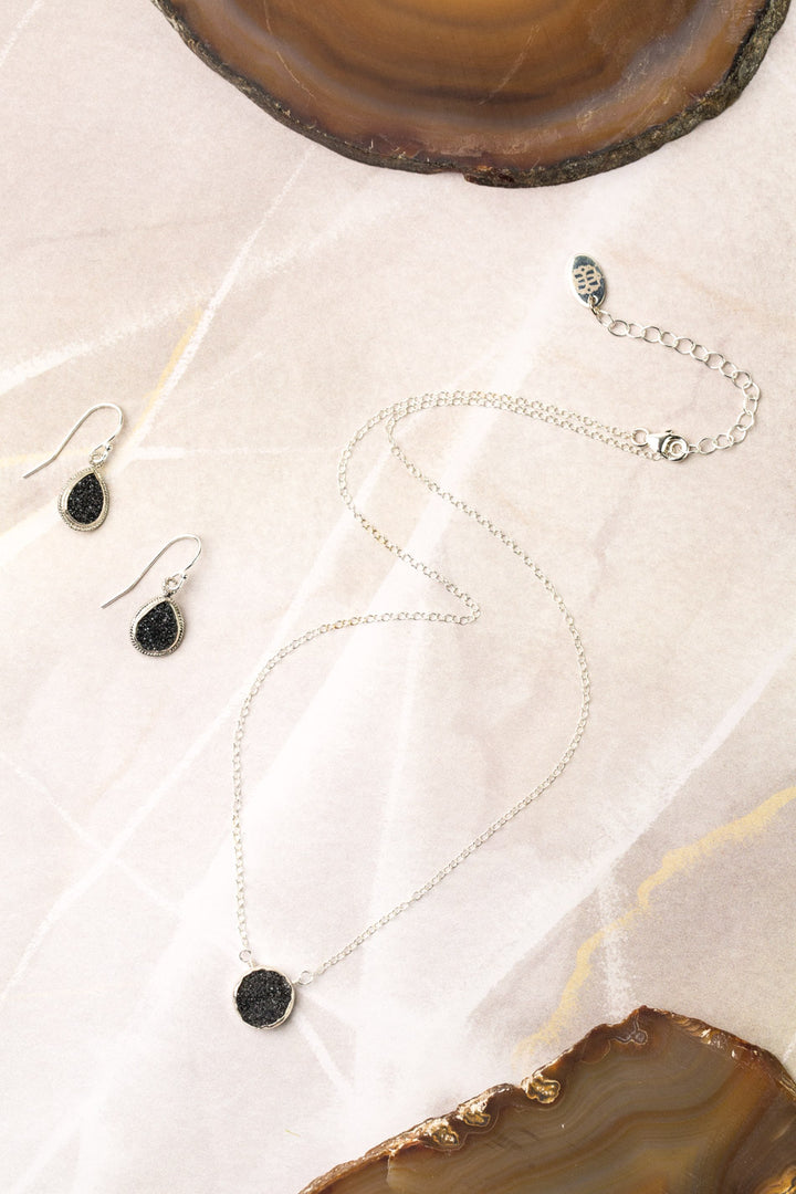 Favorites 16-18" Silver Black Druzy Simple Necklace