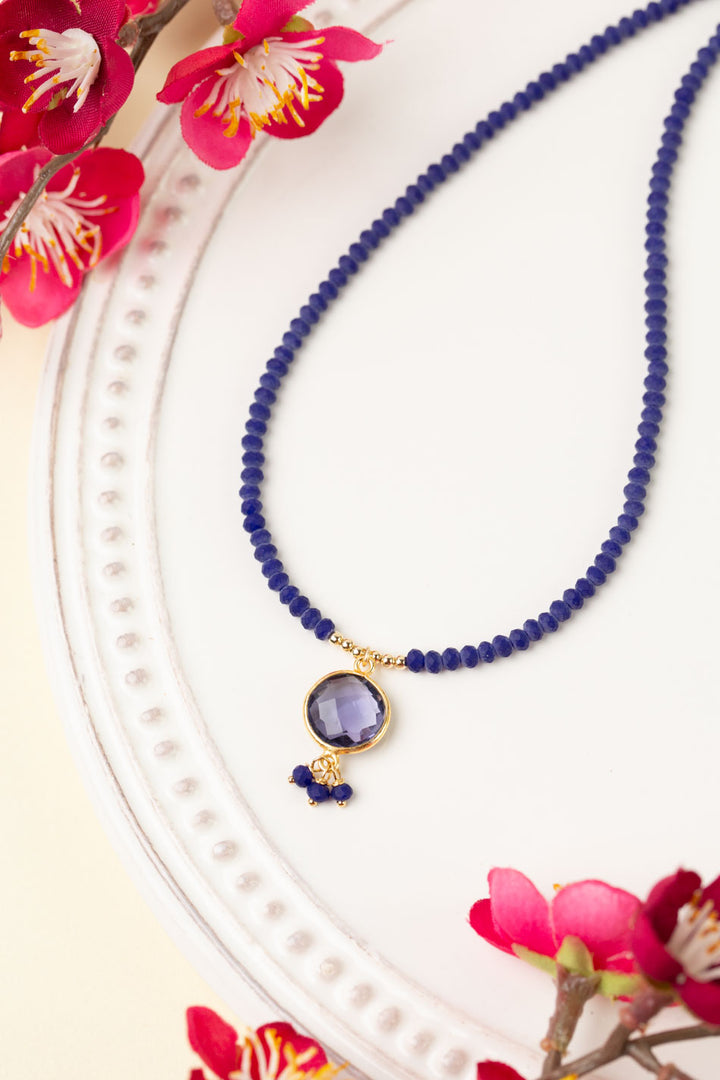 Forget Me Not 15.5-17.5" Faceted Iolite Bezel With Crystal Dangles Simple Necklace