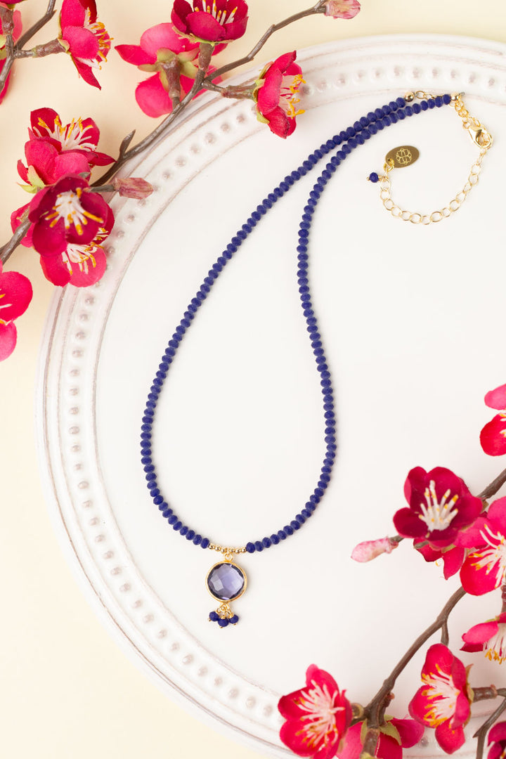 Forget Me Not 15.5-17.5" Faceted Iolite Bezel With Crystal Dangles Simple Necklace