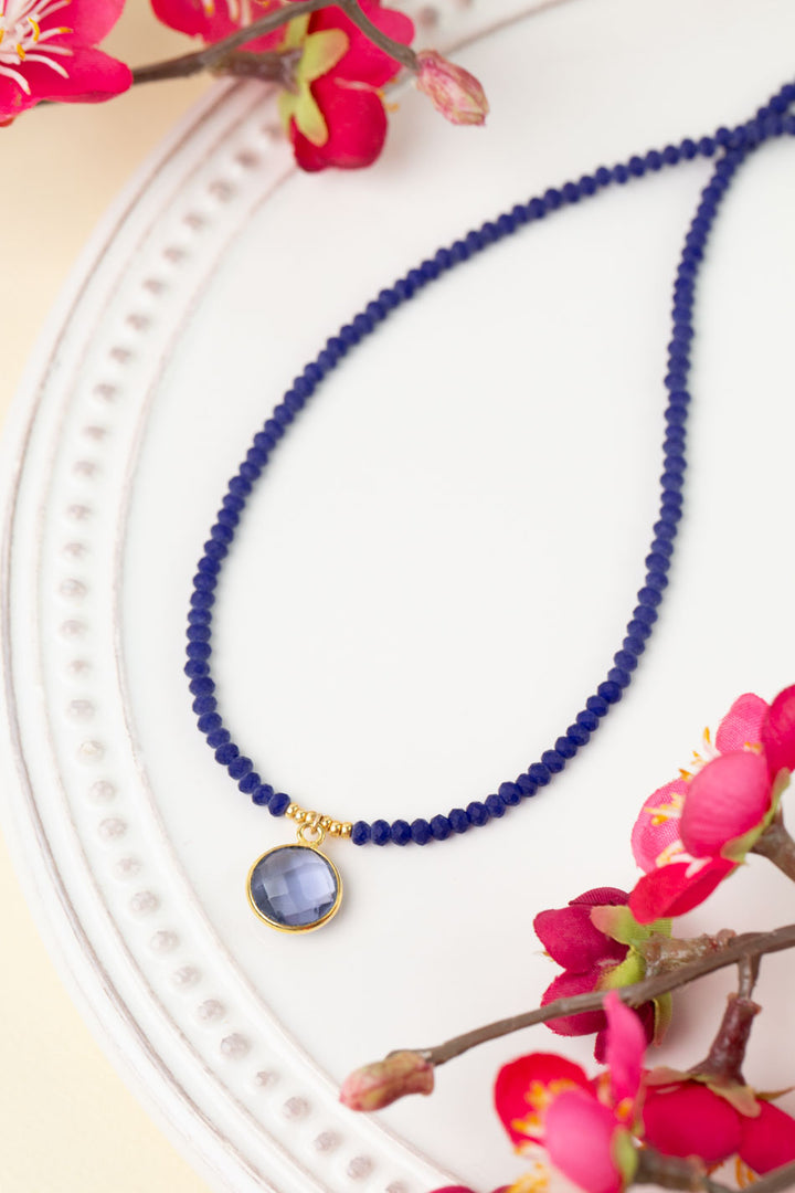 Forget Me Not 15.5-17.5" Faceted Iolite Bezel With Crystal Dangles Simple Necklace