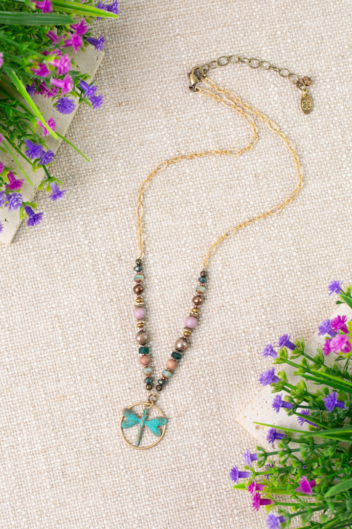 Folklore 17-19" Phosphorite, Czech Glass, Freshwater Pearl Dragonfly Collage Necklace