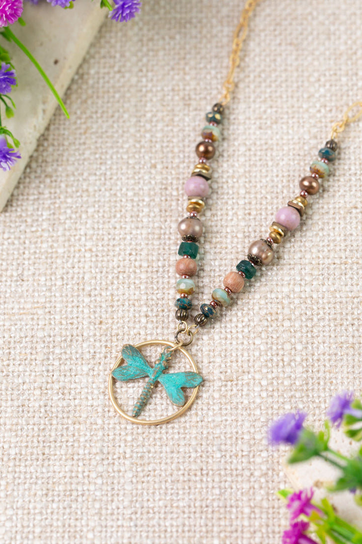 Folklore 17-19" Phosphorite, Czech Glass, Freshwater Pearl Dragonfly Collage Necklace