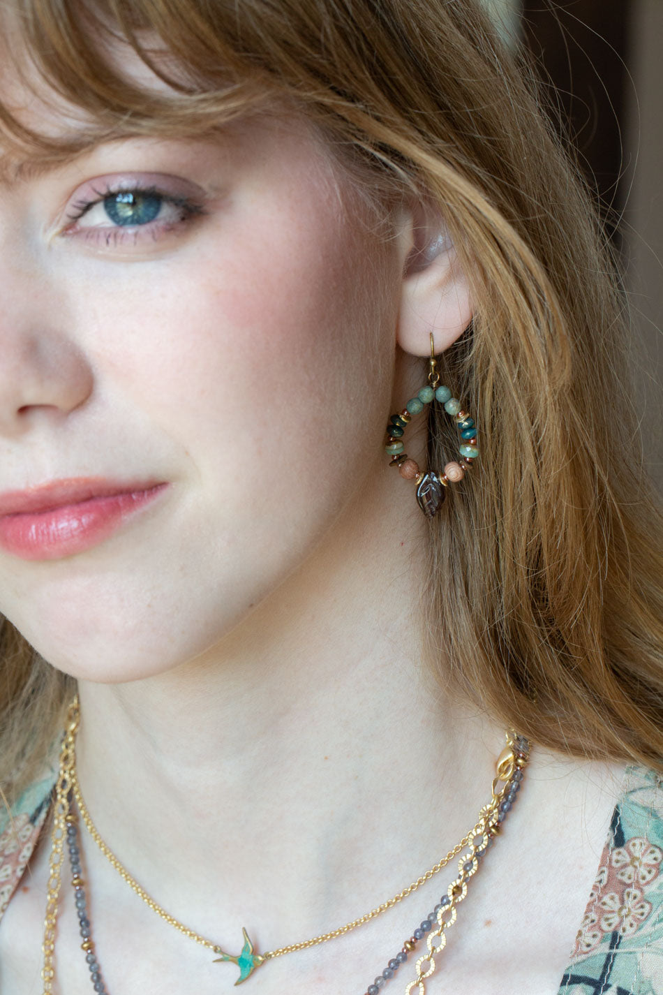 Folklore Wood, Czech Glass Hoop Earrings